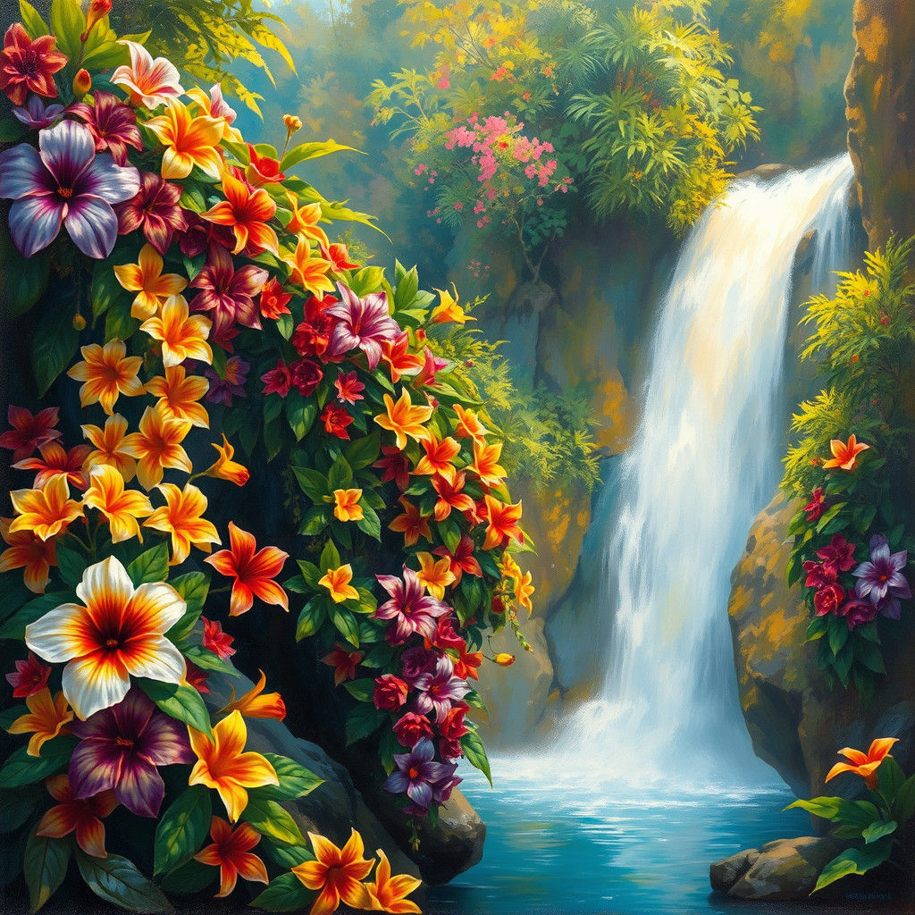 Tropical Waterfall Flowers in Oil Painting Style