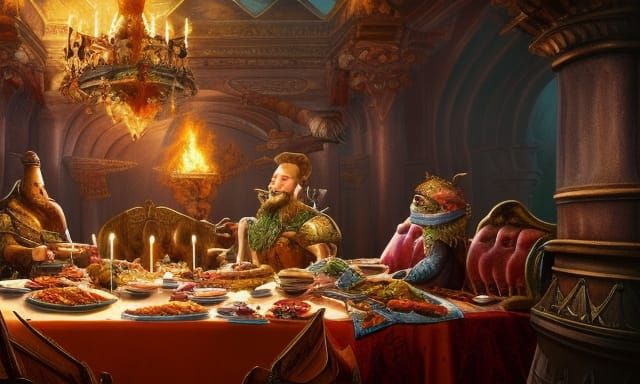 a king eating a feast in a castle detailed matte painting, deep color ...