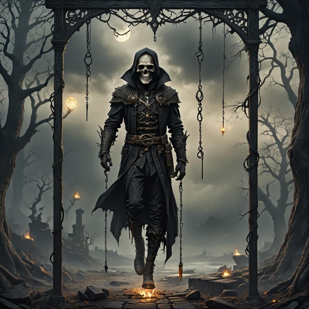 Tarot card: "Hangman", hung at leg, card for tarot deck, got...