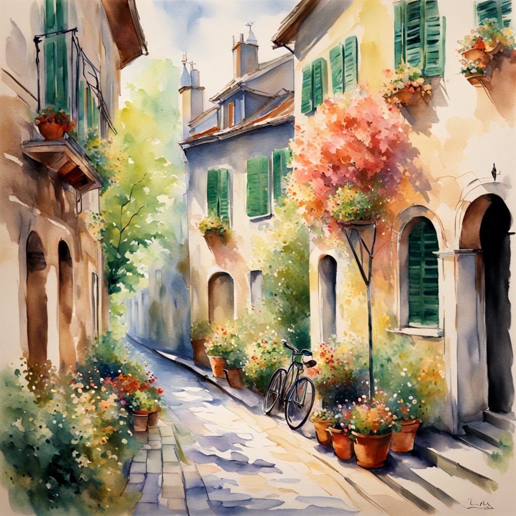 Whimsical Springtime Alleyway in Watercolor