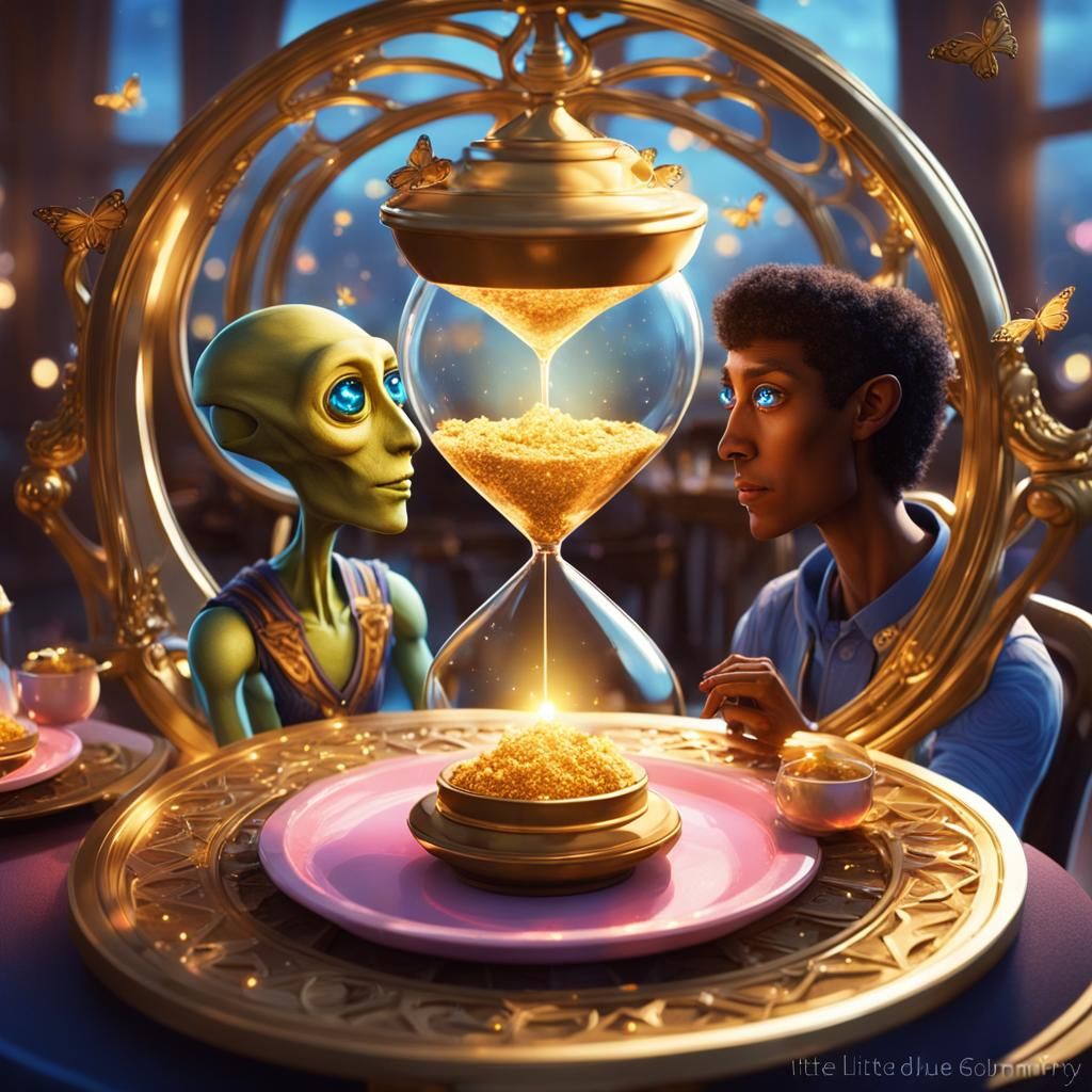 Two aliens on a date in a fancy restaurant in the back (with...