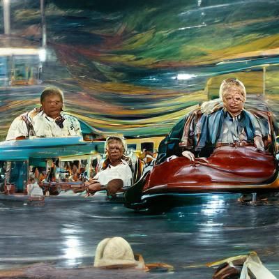 Nelson Mandela and Chris Farley ride bumper cars at a carniv...