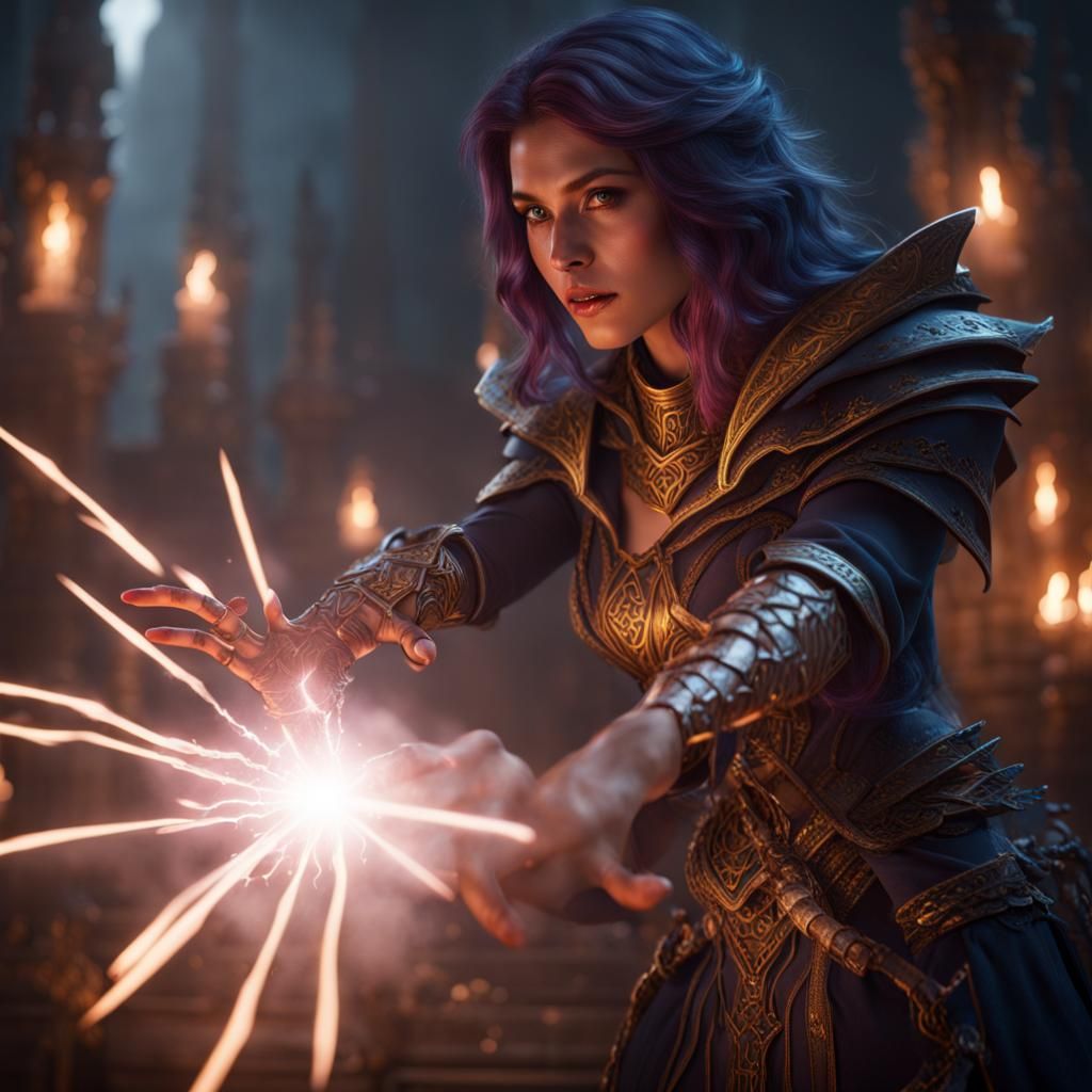 Wizard Woman Strikes with Lightning, Fantasy Art