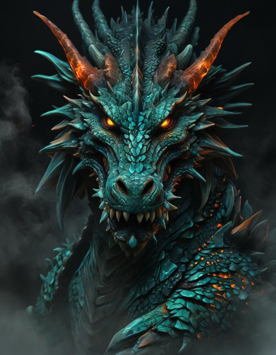 Turquoise Dragon Face in Fiery Shadow