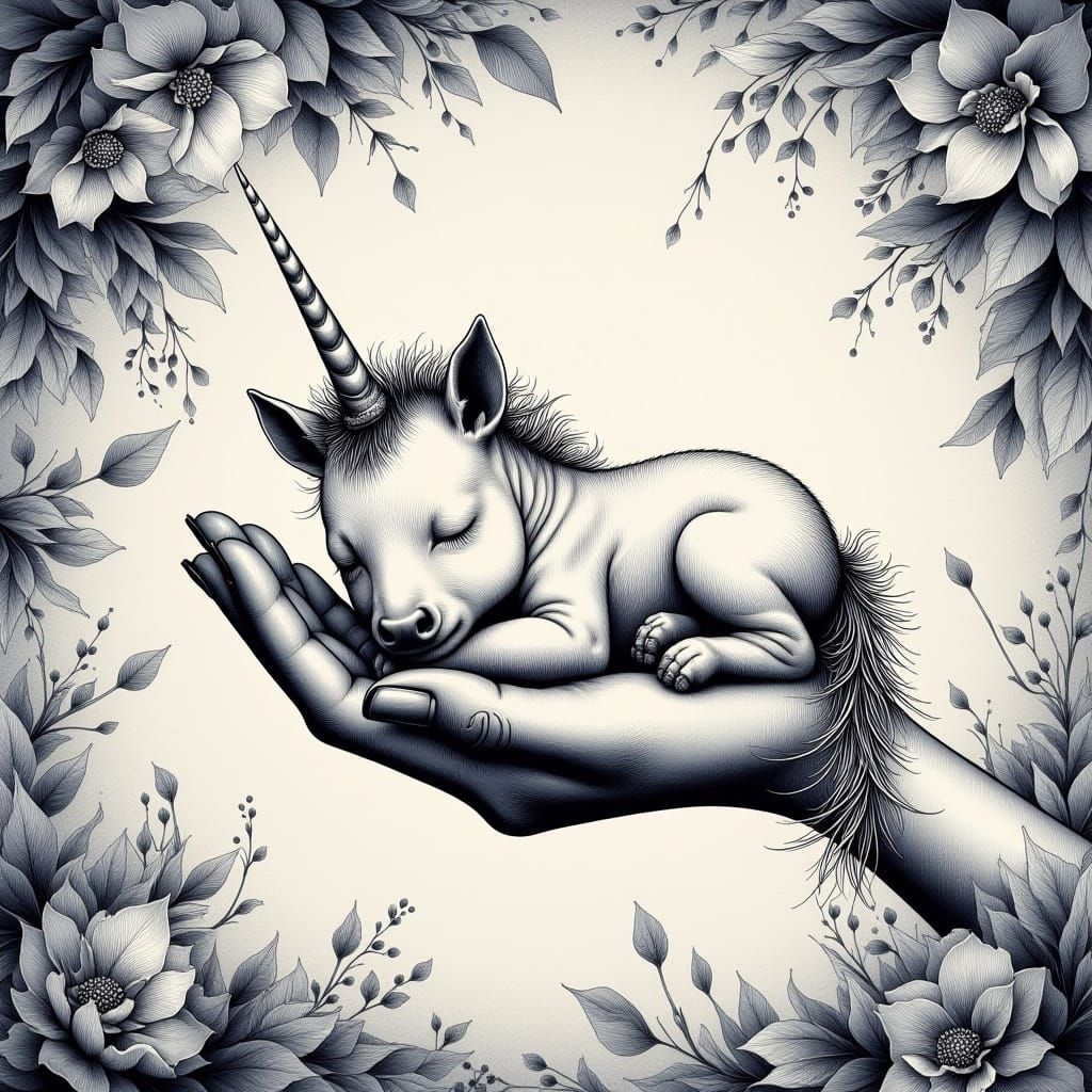 <lora:HRH-moody-inks:1.0>  hyper detailed, ink and watercolour, a moody, beautiful baby unicorn sleeping on a beautiful womans hand, high de...