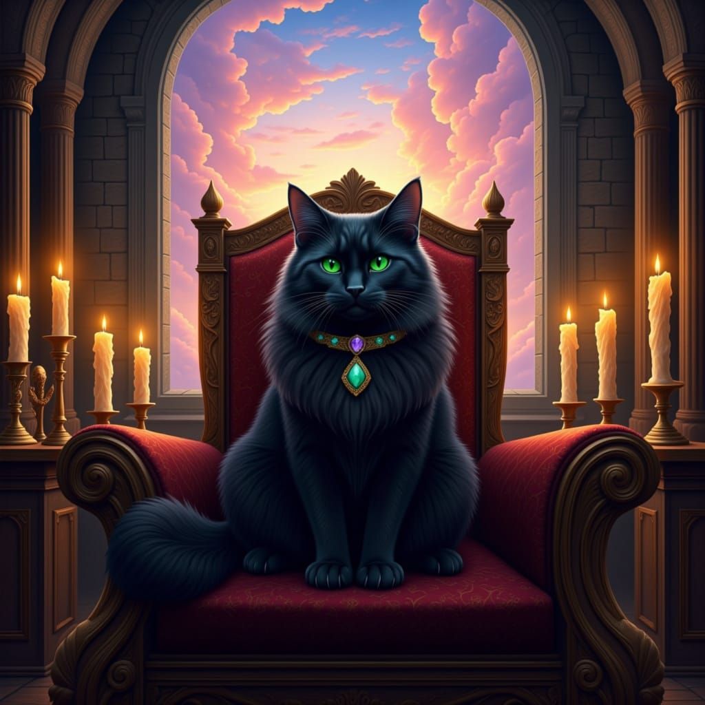 a pure black cat with extremely fluffy fur, sitting regally on an ancient, intricately carved wooden throne. The cat is illuminated by the w...