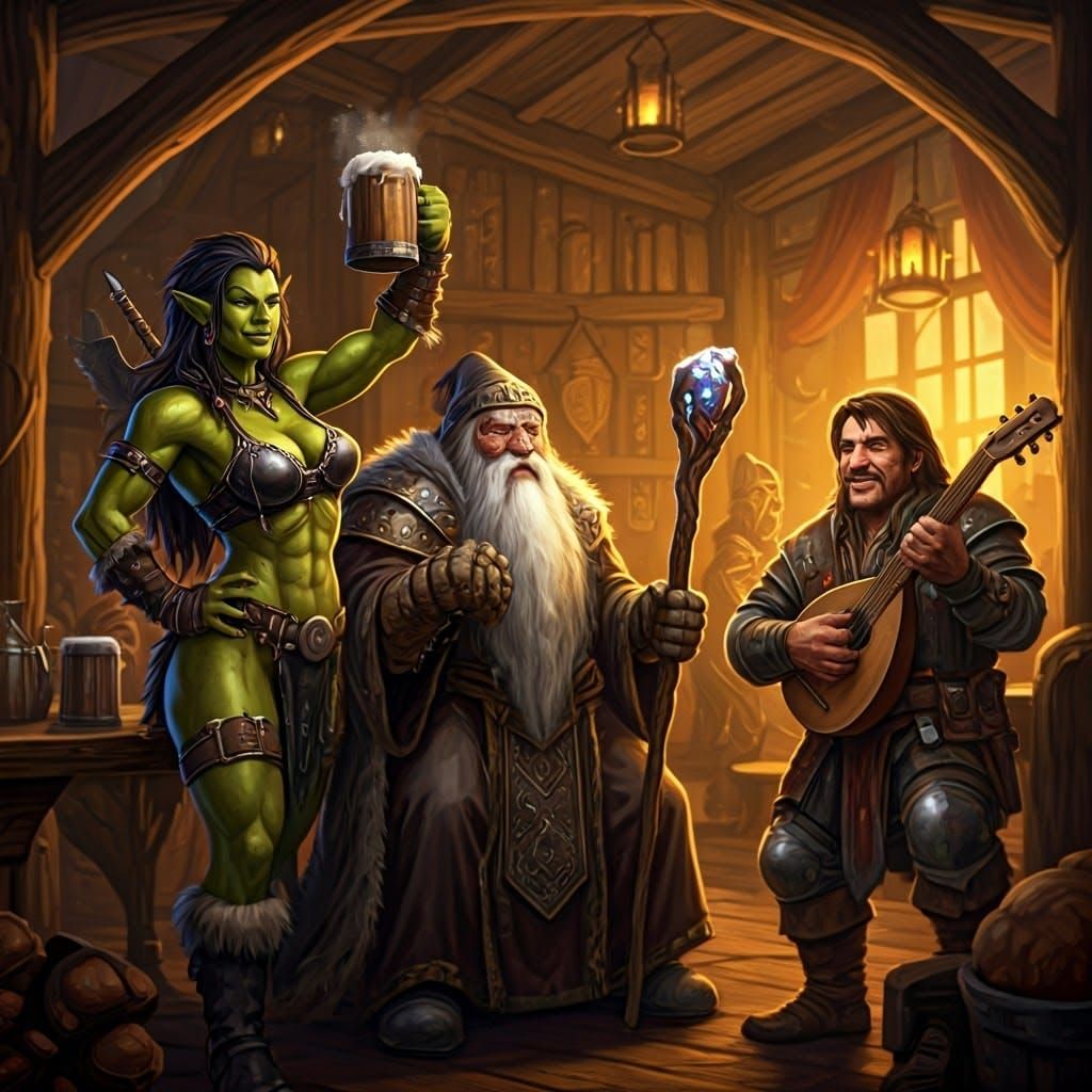 Orc Barbarian, Dwarven Wizard, and Halfling Bard Chilling at the Tavern  by @KriiLunAus