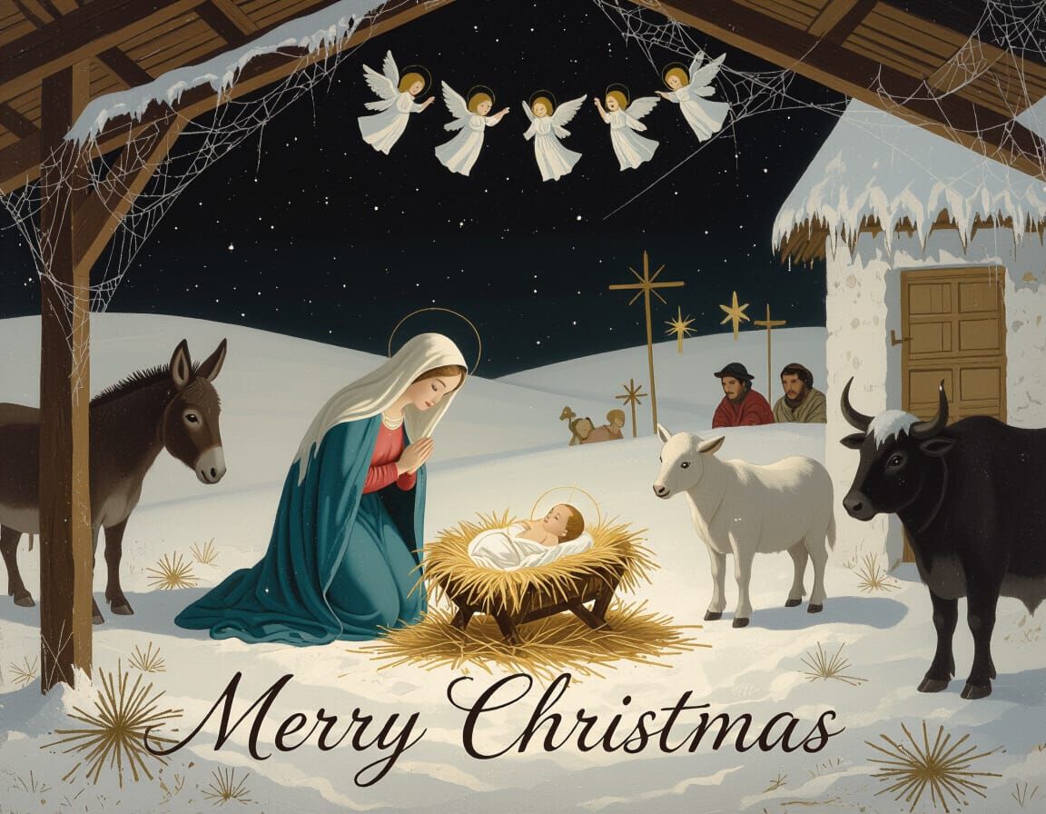 Surreal Nativity Scene with Angels and Shepherds