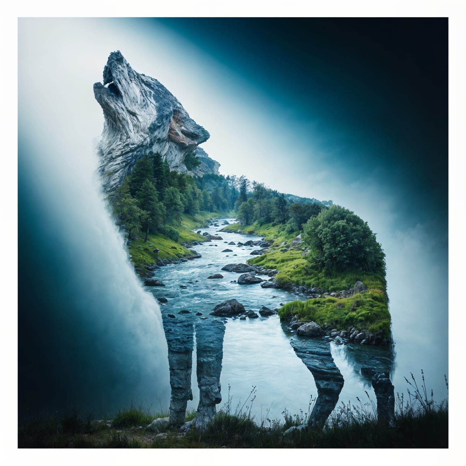 Tundra Wolf Howling with River and Flora Inside
