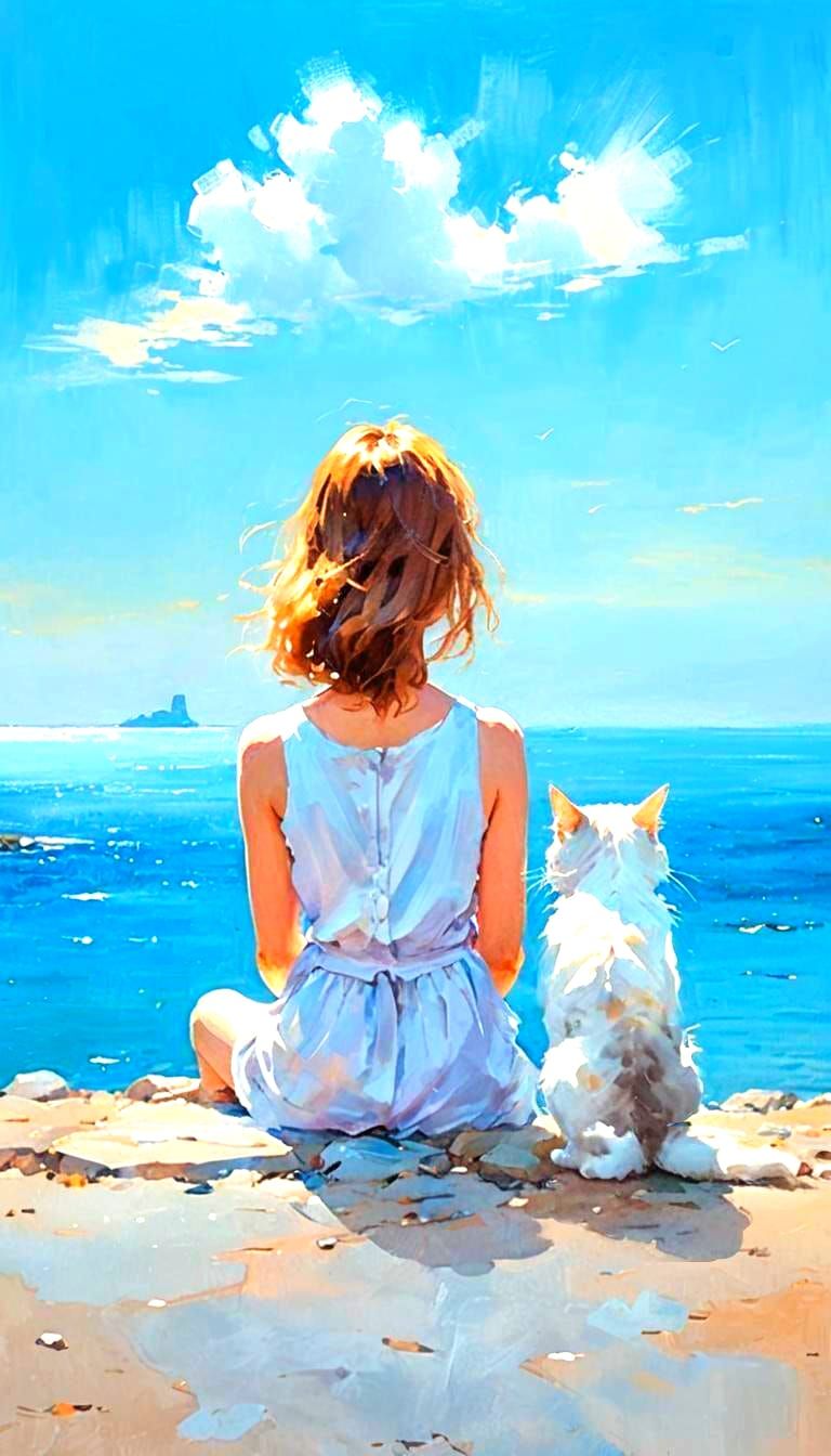 girl and cat looking at the sea