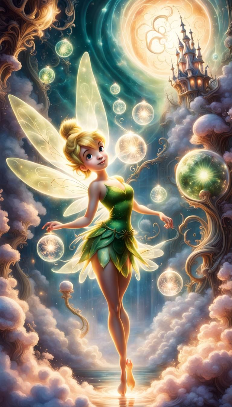 An enchanting fantasy picture, featuring a glowing Tinkerbell has six tentacles surrounded by swirling clouds and beams of light. Ethereal m...