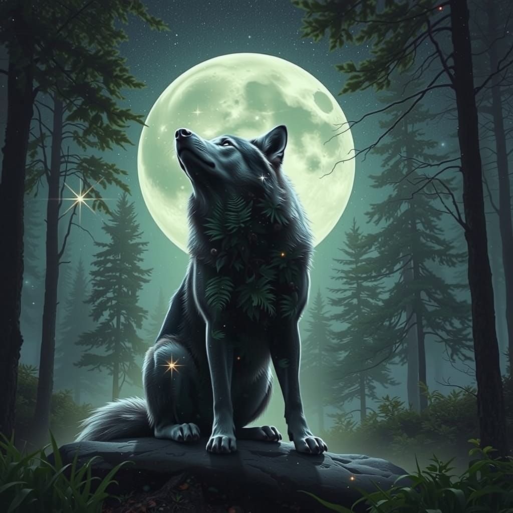 
"Create a double-exposure digital image that captures the silhouette of a wolf howling against a soft, misty background. The wolf’s silhoue...