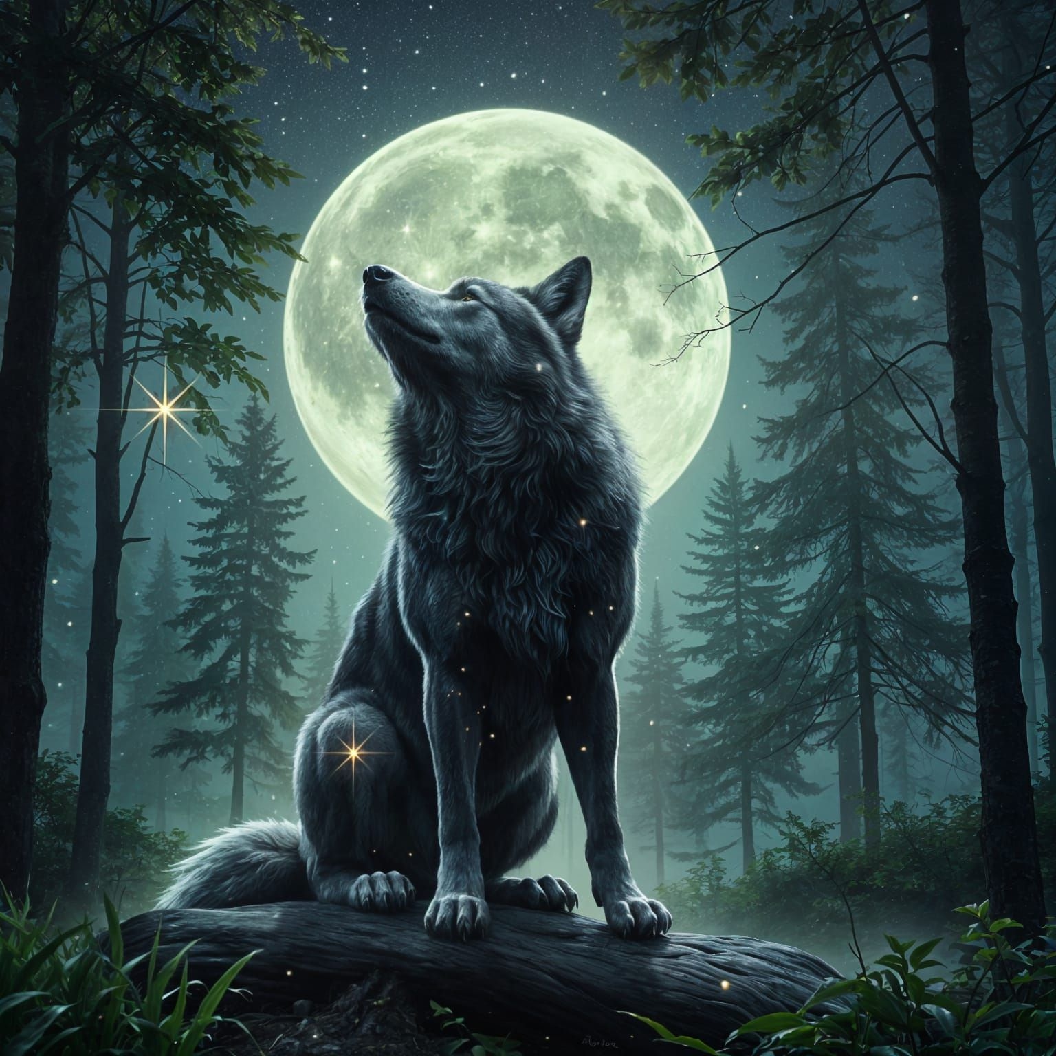 "Create a double-exposure digital image that captures the silhouette of a wolf howling against a soft, ...  by @KarenK