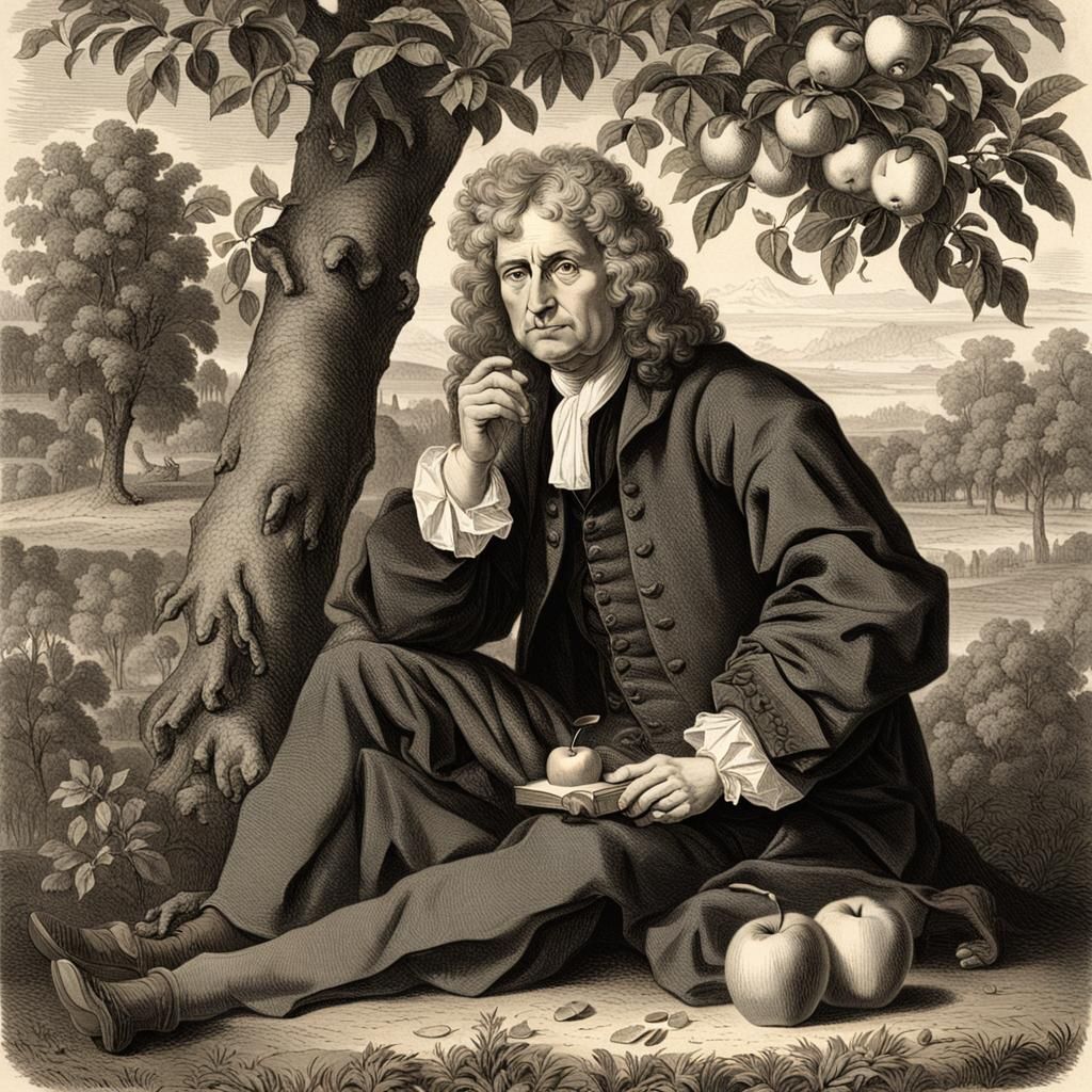 Sir Issac Newton sitting against an apple tree and holding an apple ...