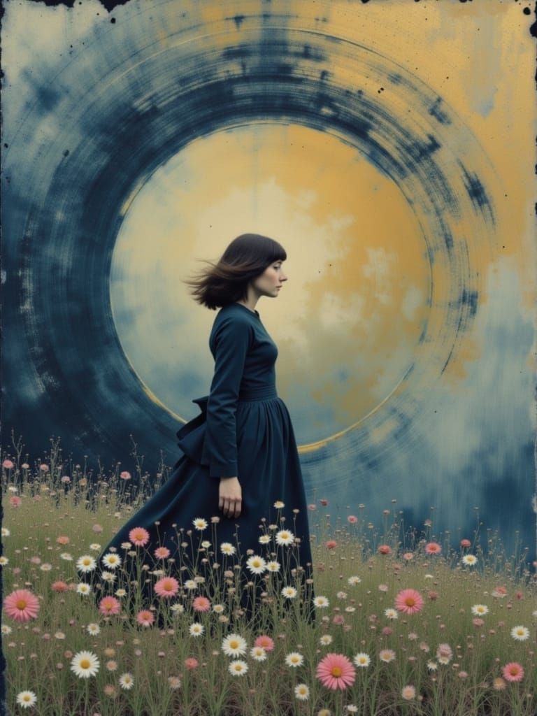 <lora:Atmosphere in Flux:1.0> abstract collage sparkling golden shimmer and cool blue colors fluid motion circle the world in one week