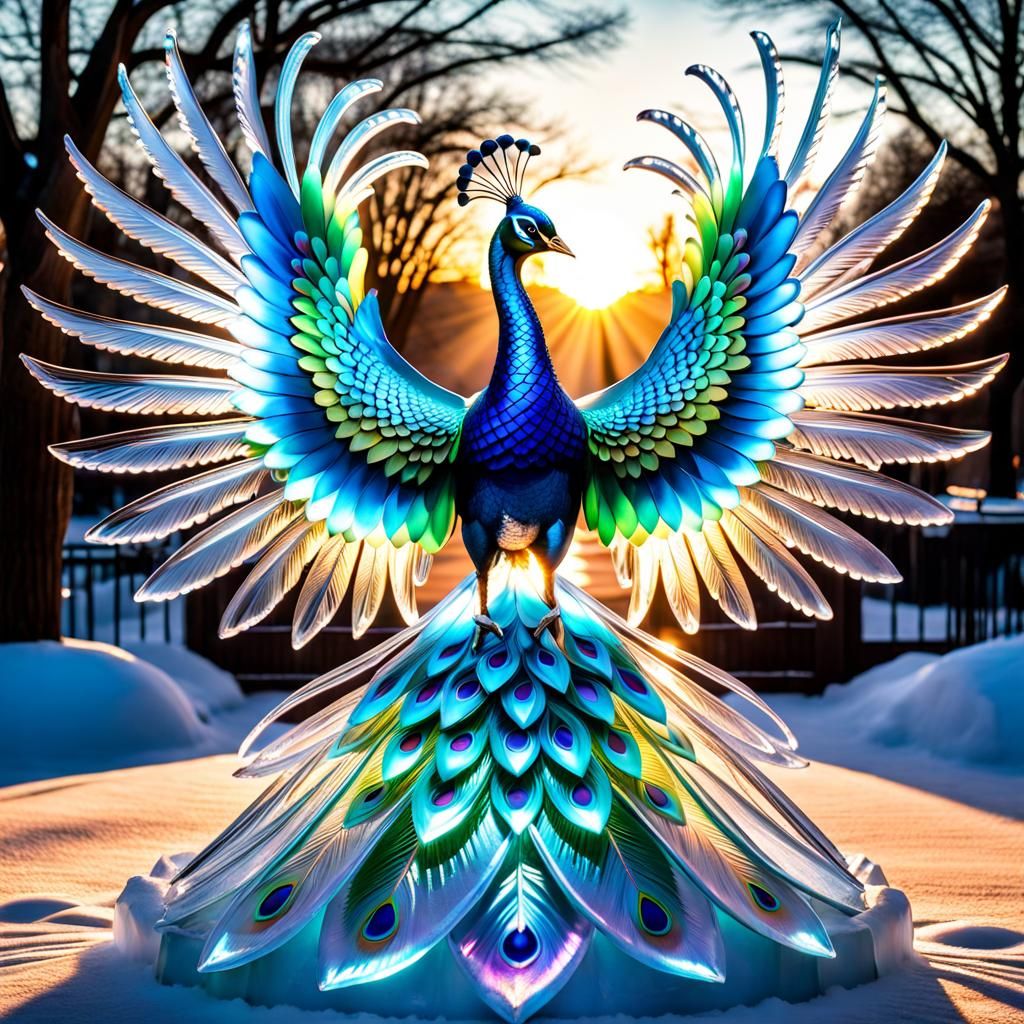 Ice sculpture of a majestic peacock