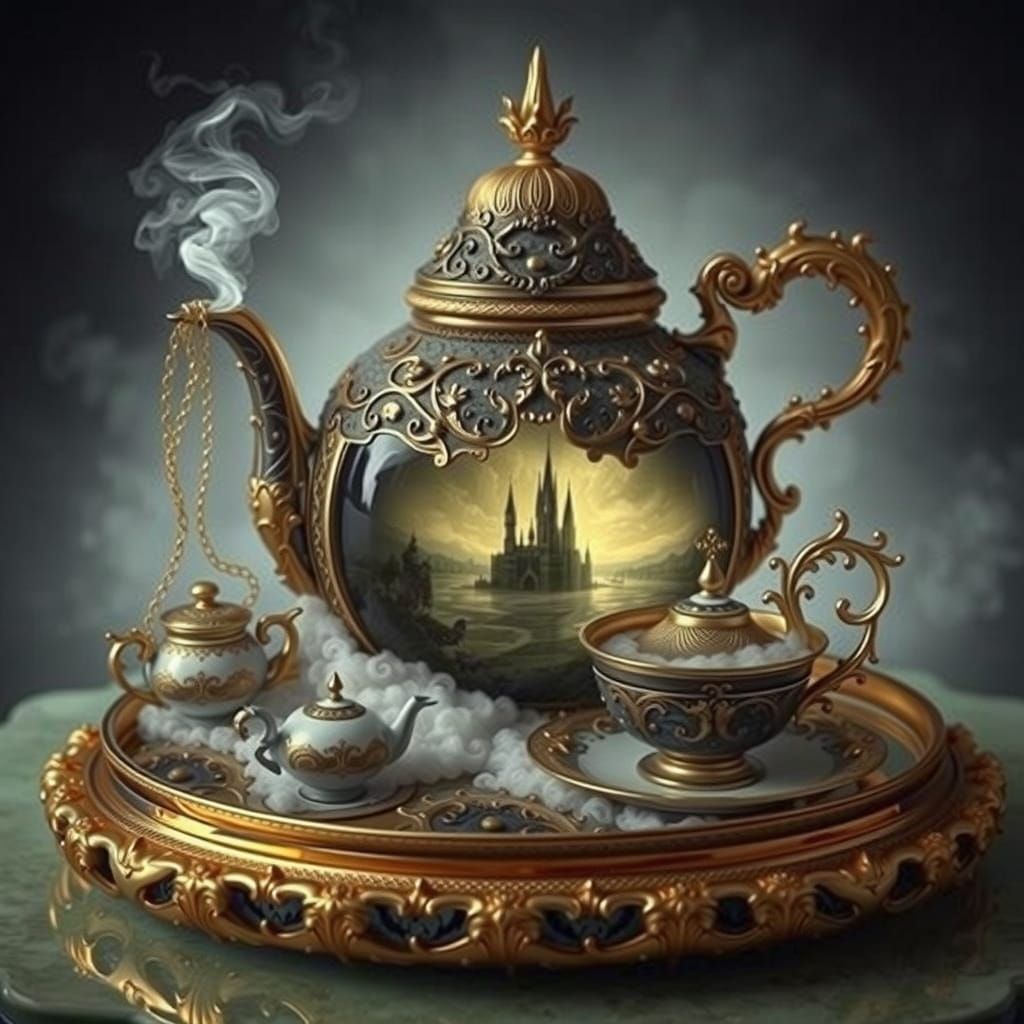 ornamental and ornate tea service on a gold tray,  there is steam rising from the teapot spout. in the ...  by @Karrisa
