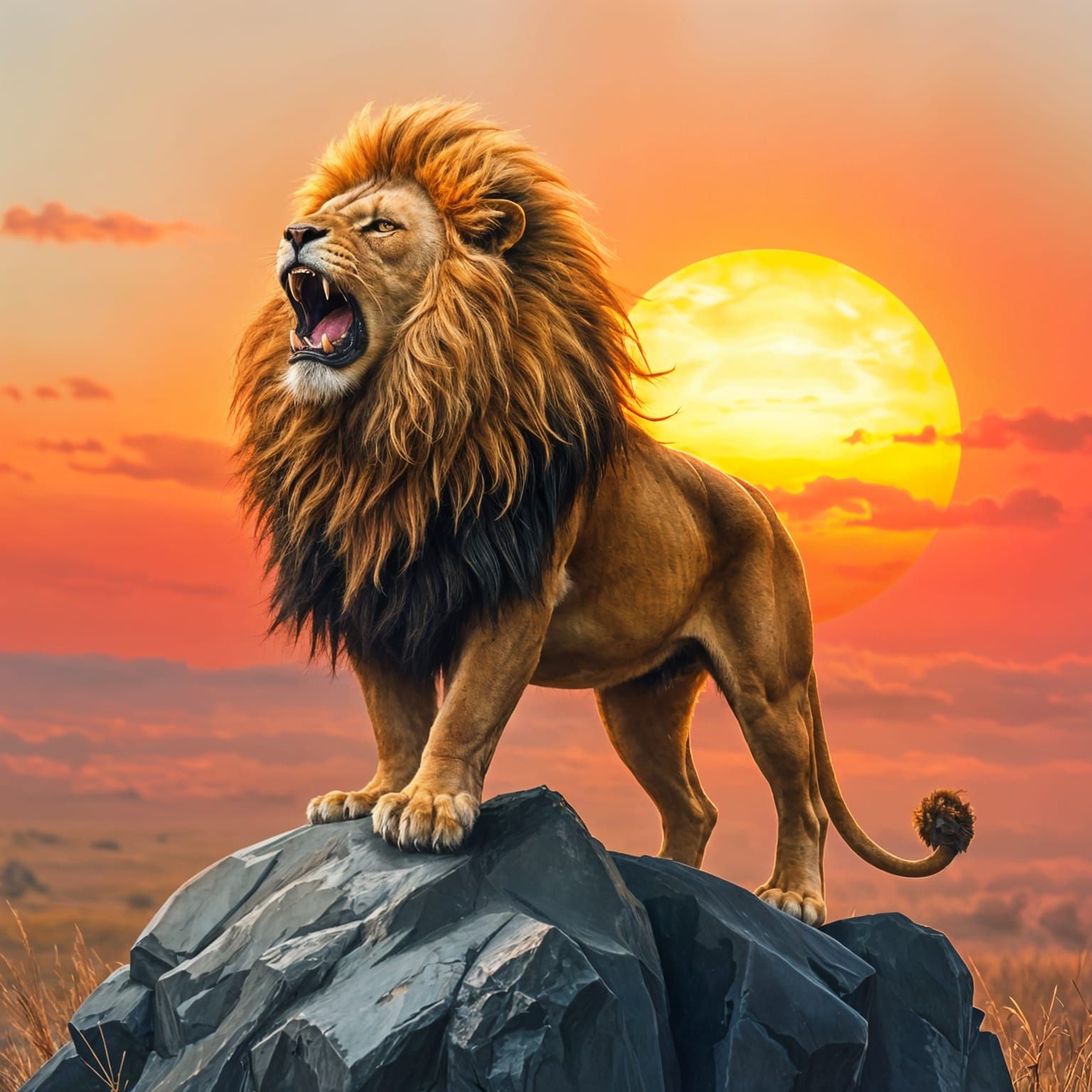 Majestic Lion Roaring at Sunset