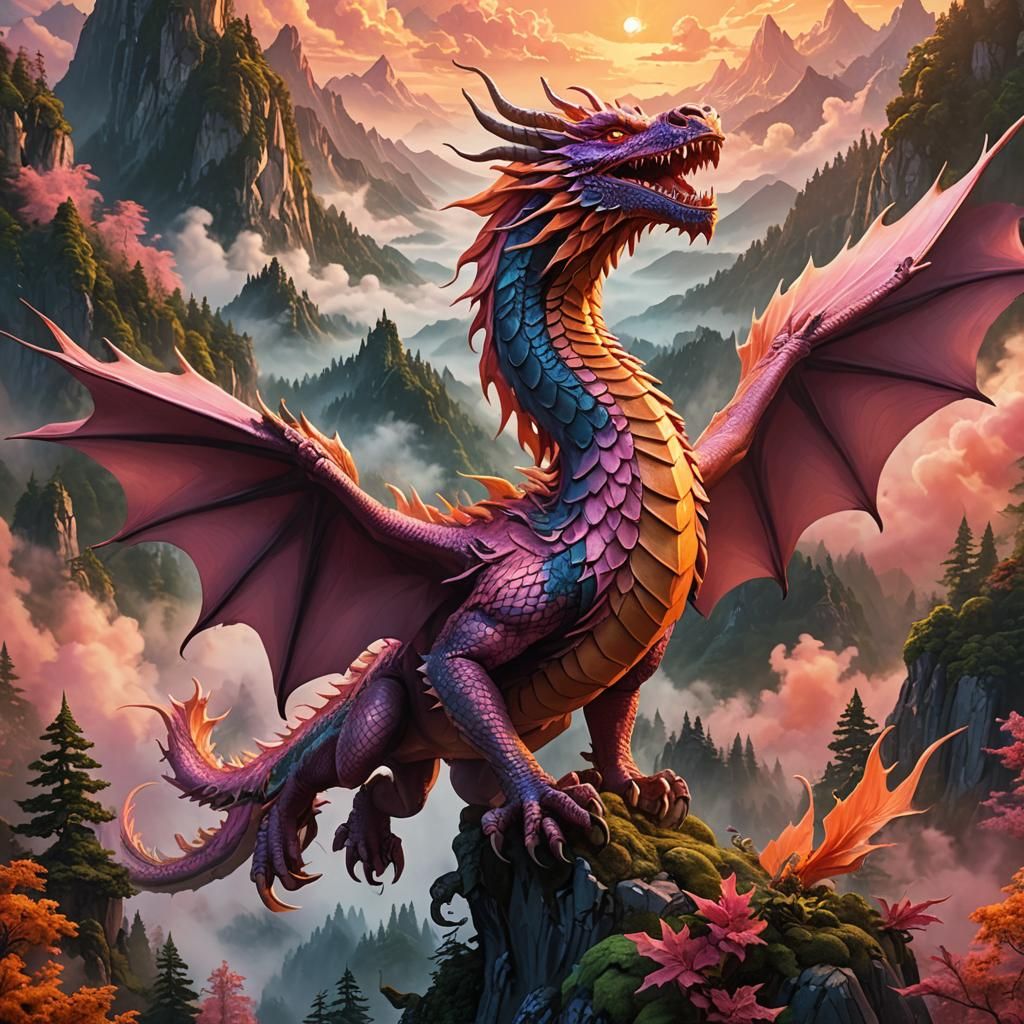 Pink Dragon Soaring Through Misty Mountains