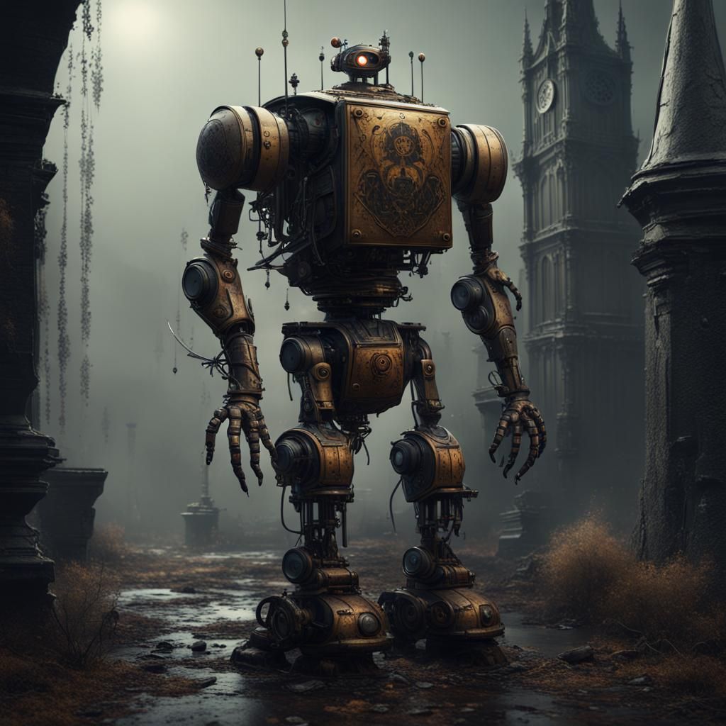 gothic robot, in the style of dave mckean AI Generated Artwork