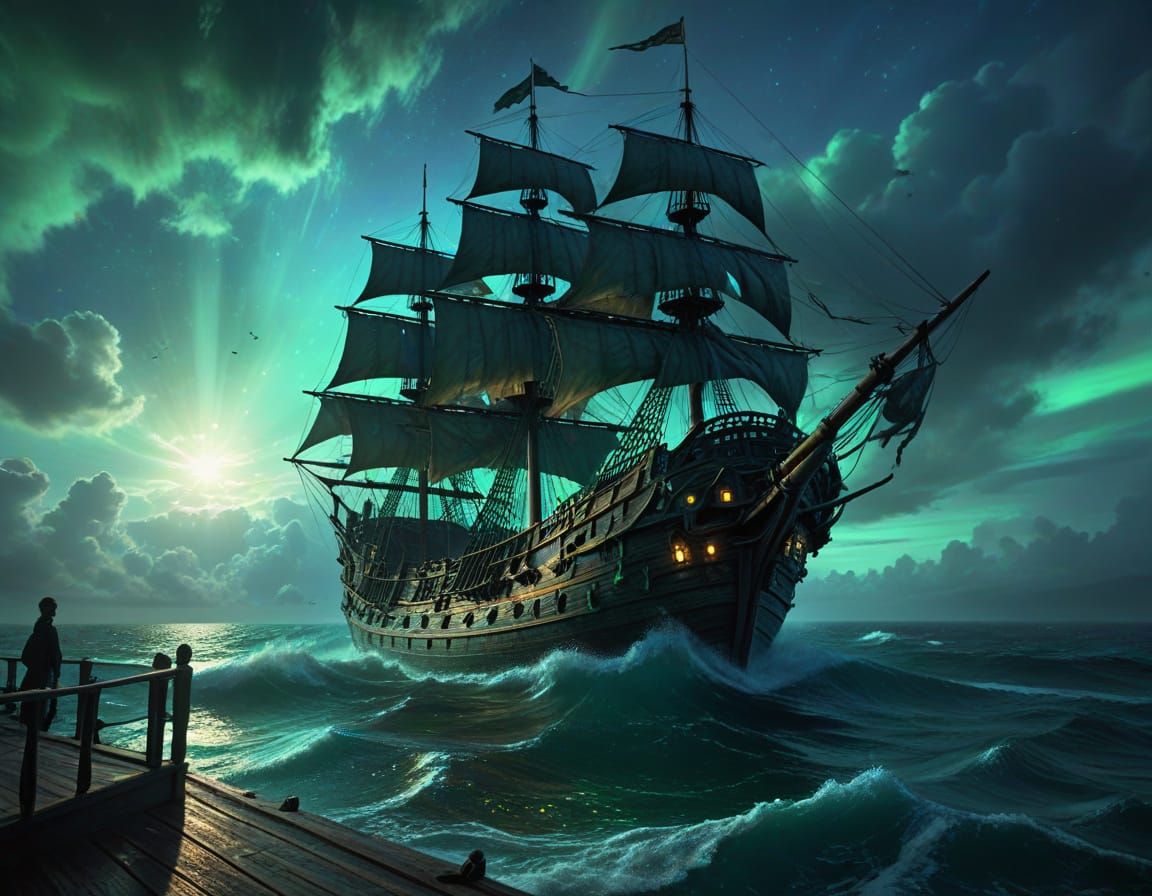 Double exposure of a lone pirate ship, sails tattered and torn, navigating a choppy sea with swirling, iridescent clouds bioluminescent drif...