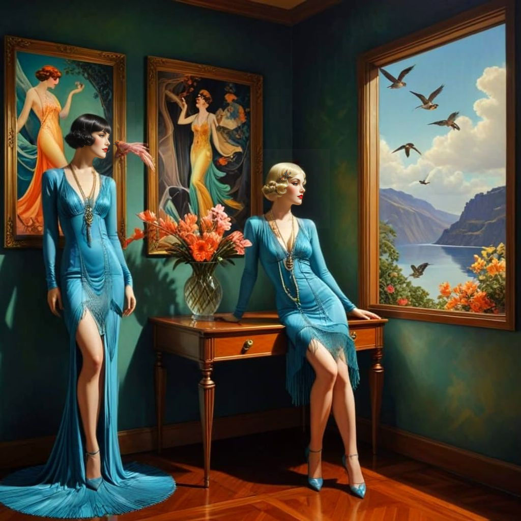Glamorous 1920s Flappers in Whimsical Art Deco Wonderland