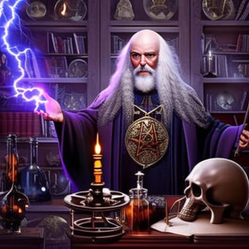 A  wise old wizard  casting a  lightning spell in  his study   by @Daniel Nightshade