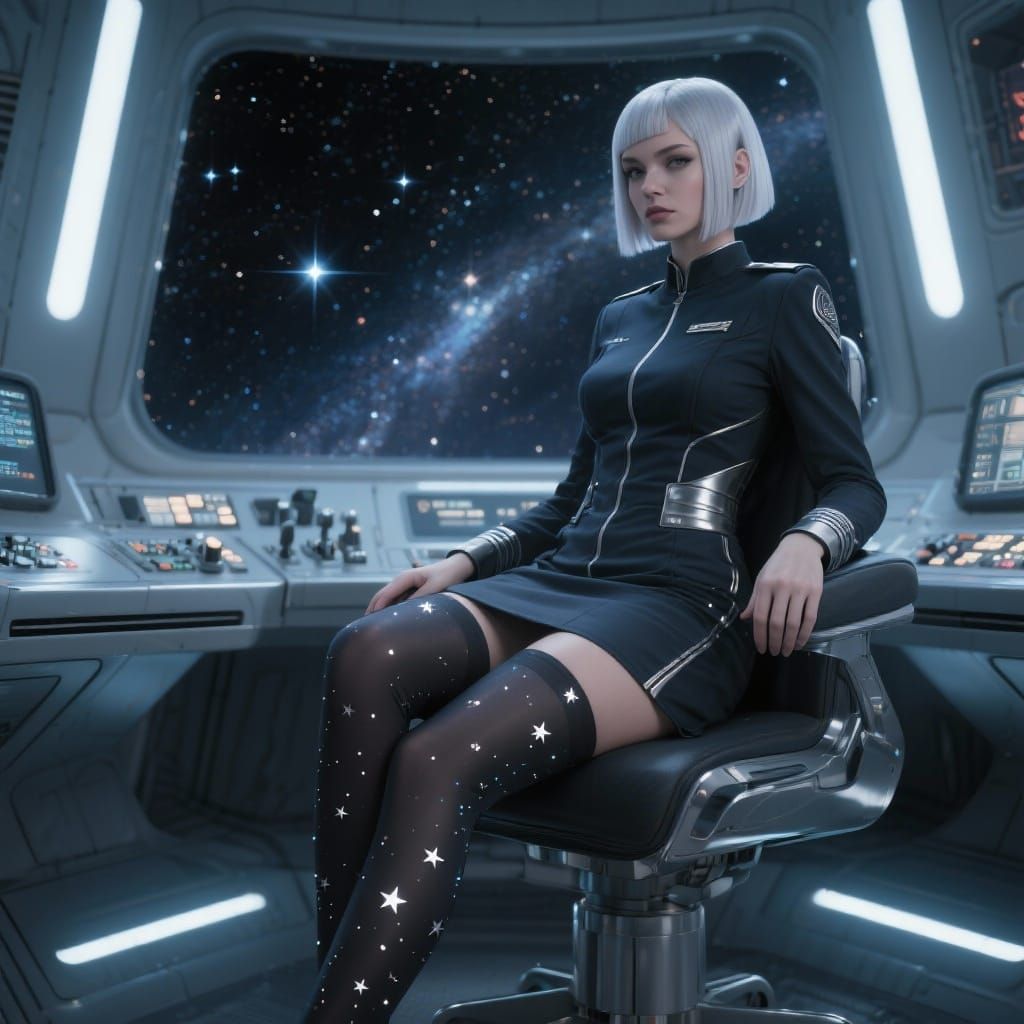 Loxy Isadora Bliss sits confidently at the helm of a sleek starship, her legs elegantly crossed. She wears a futuristic miniskirt uniform wi...