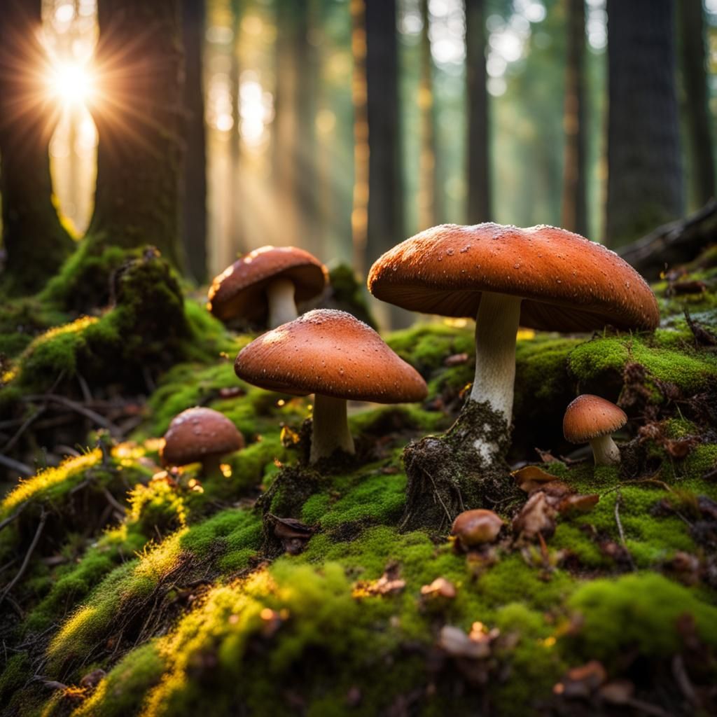 ancient forest full of big and small mushrooms of different ...