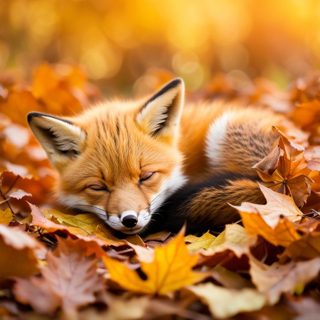 Cutest little baby fox sleeping in the autumn leaves 