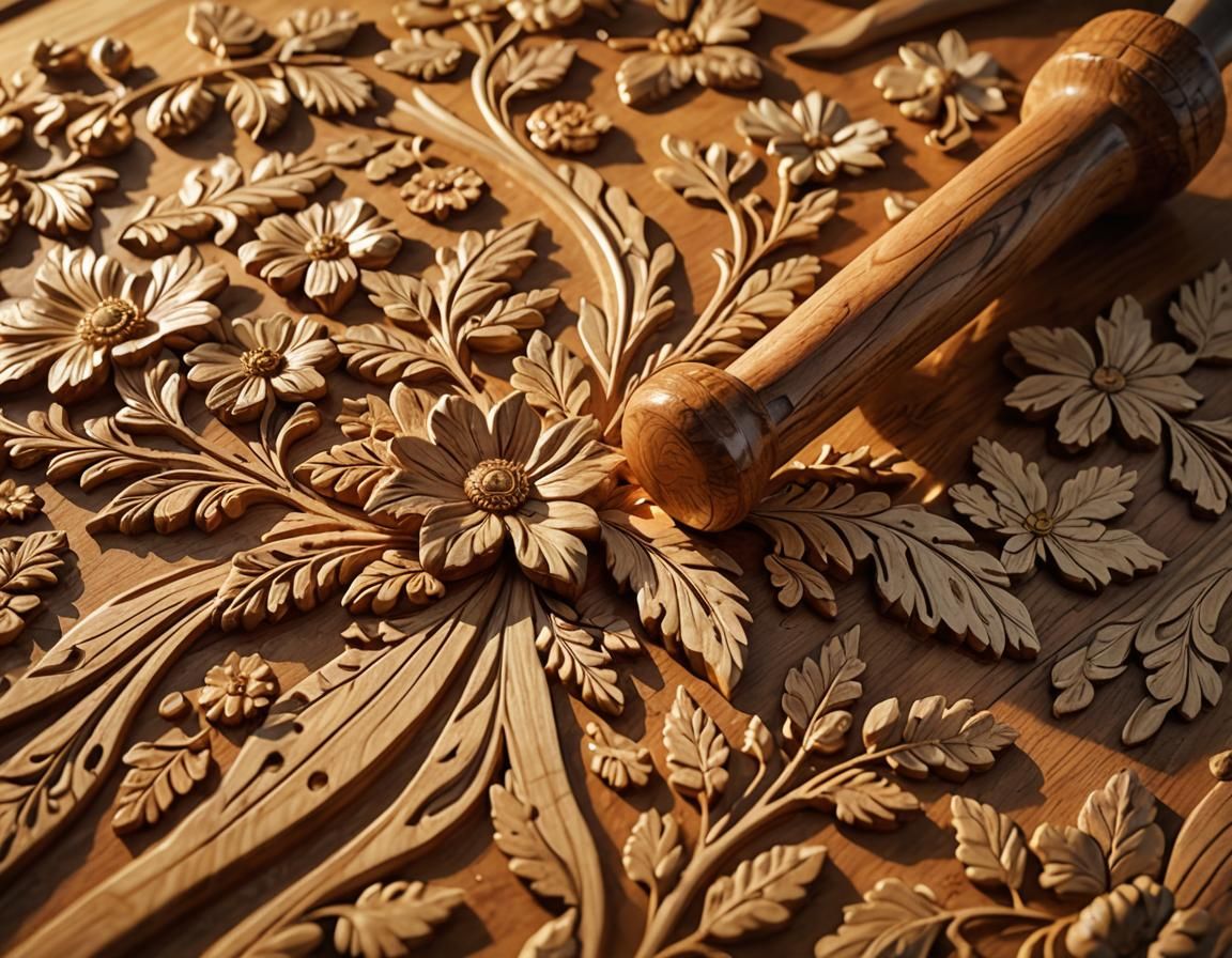 An elaborate floral motif carved into a panel of heavily grained olive wood. Resting on one side of the ...  by @John Doe