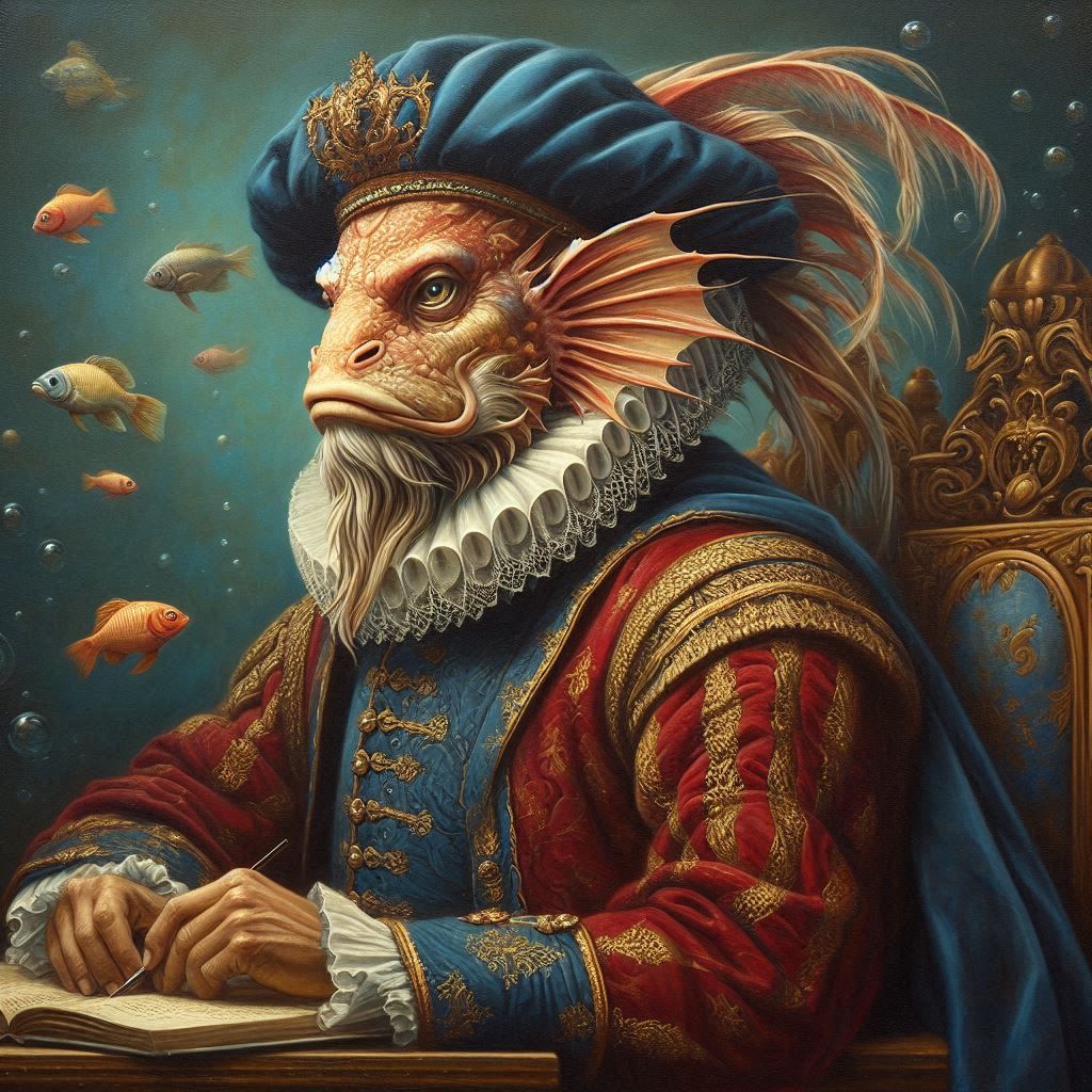 a regal portrait oil painting of an anthro fish human, under...