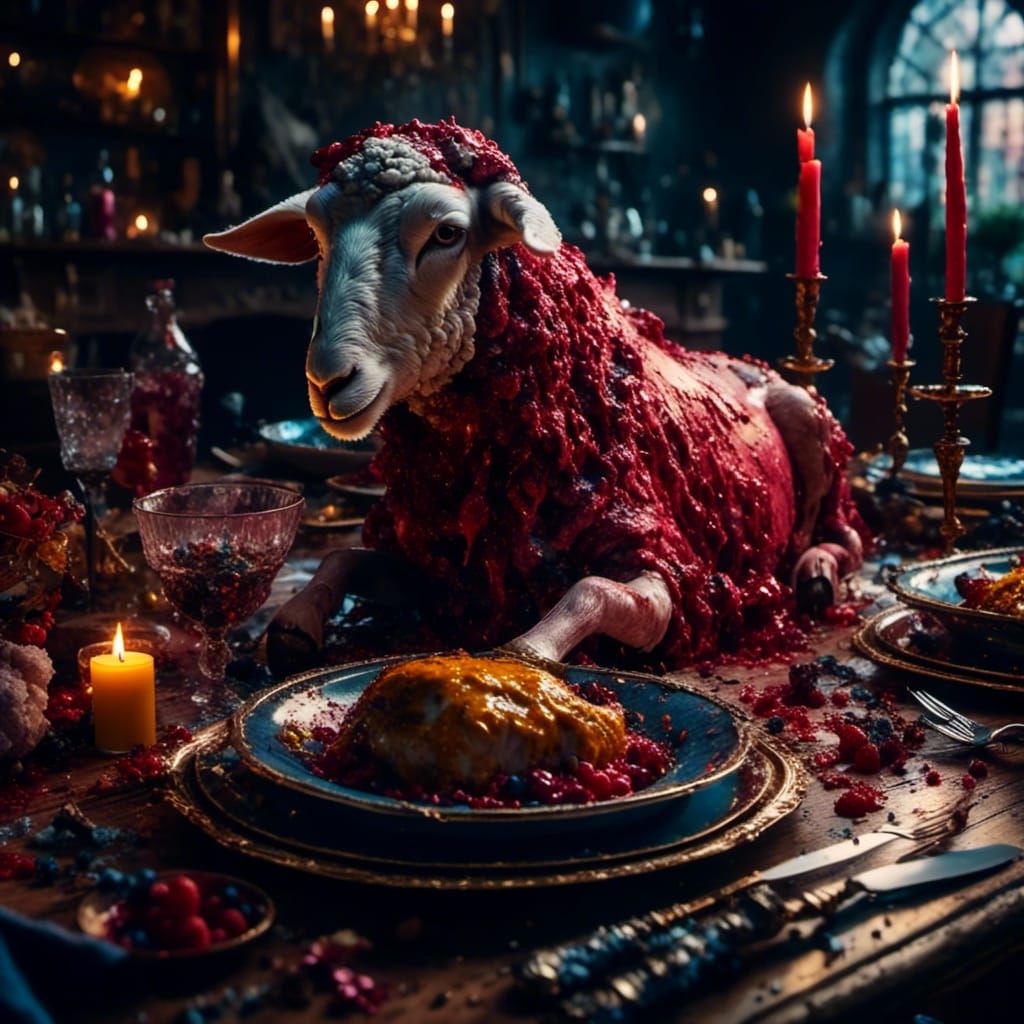 <lora:PurpleFantasy:1.0> a bleeding lamb on a dinner table. ...