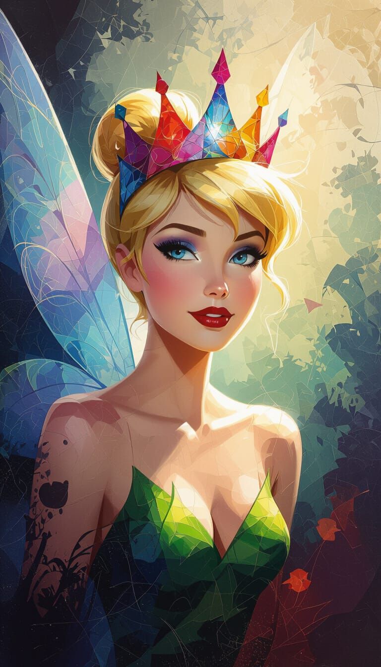 A Tinker Bell with a crown of vibrant, abstract colors plays...