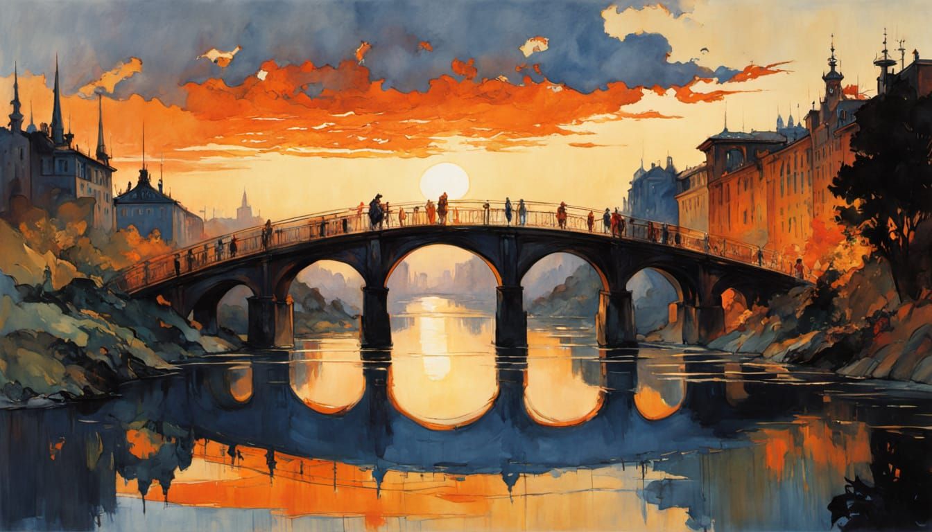 Train on Bridge at Sunset in Expressive Watercolor