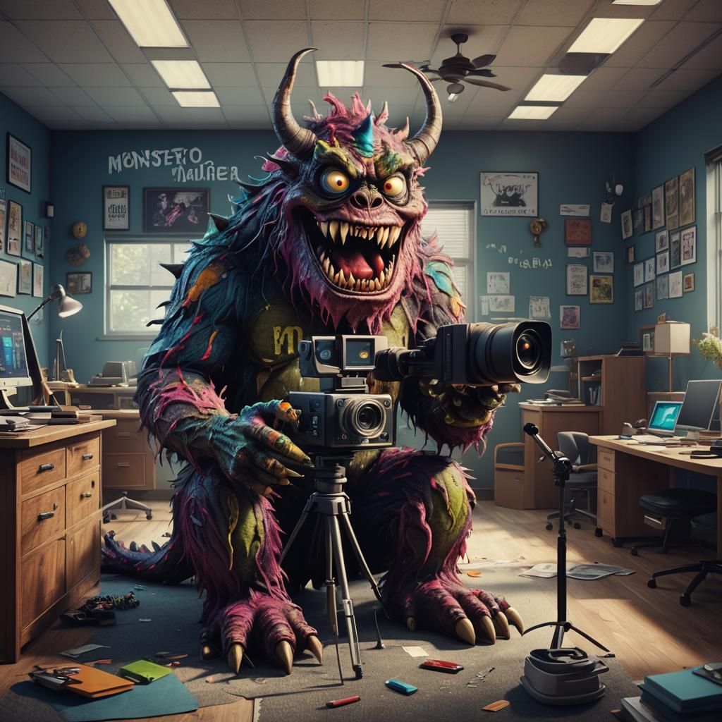 Funny monster sitting in front of a video camera in an office with a sign saying monsters to scare children ltd