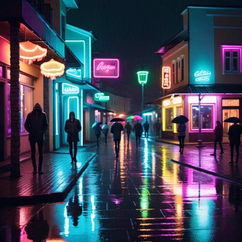 Neon lights in a small town center a rainy night with a few ...