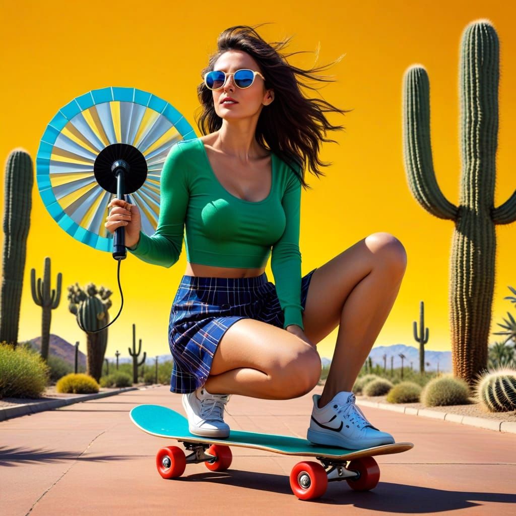 Exotic Lady Rides Skateboard Among Chess Pieces