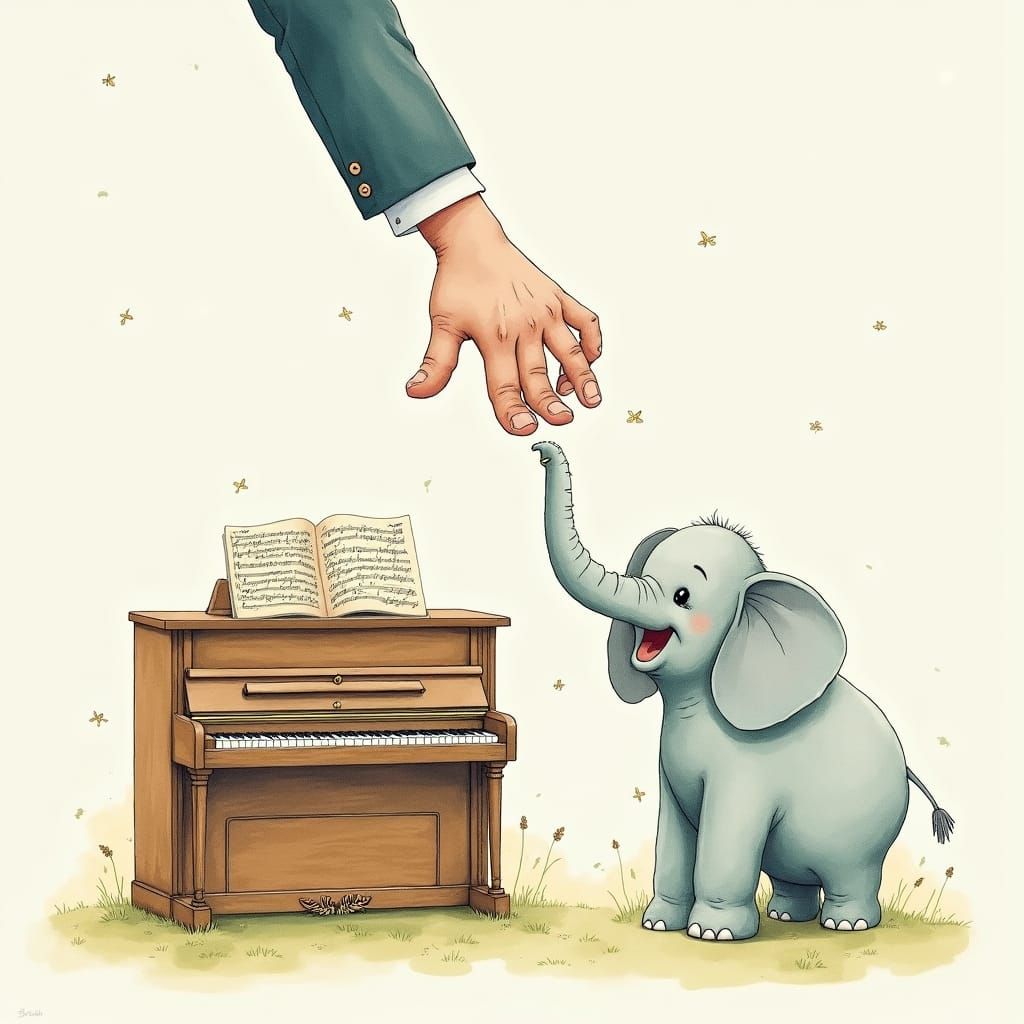 Elephant and Piano: Whimsical Watercolor Illustration