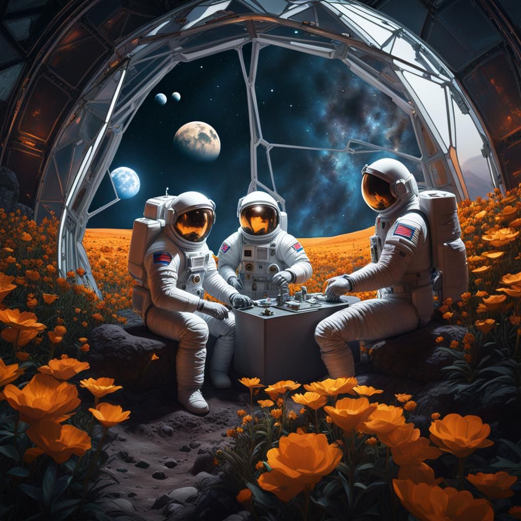 Three men in spacesuits tending to the flowers in a geodesic...