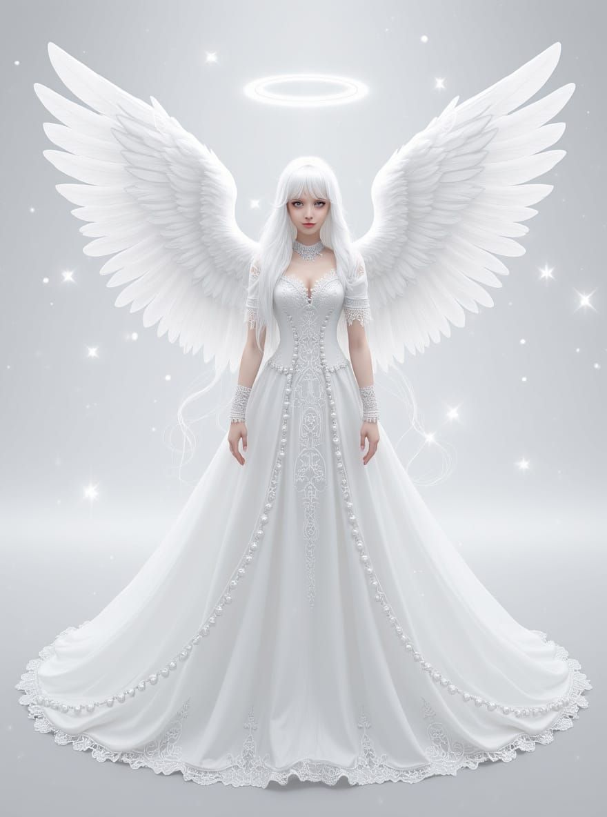Ethereal White Angel with Silver Eyes in Dreamlike Space