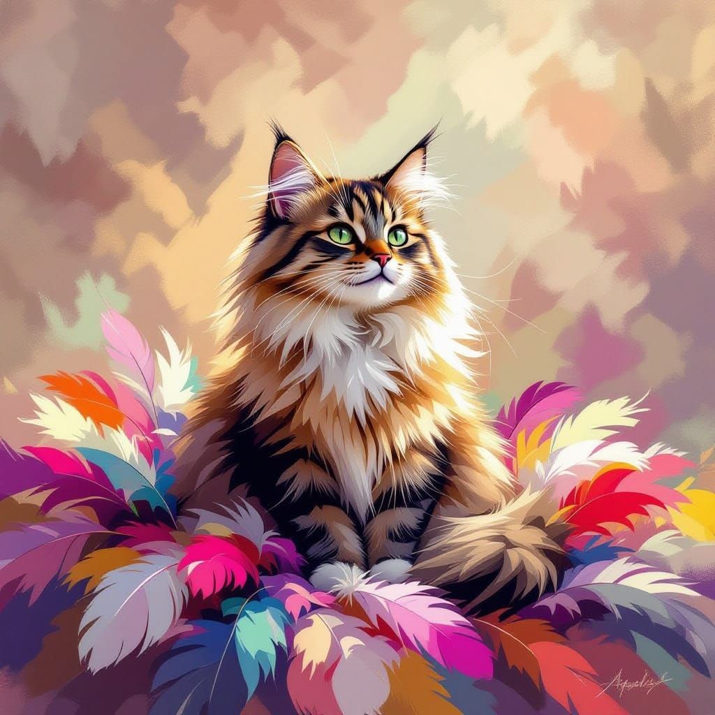 Fluffy Cat Amidst Colorful Feathers