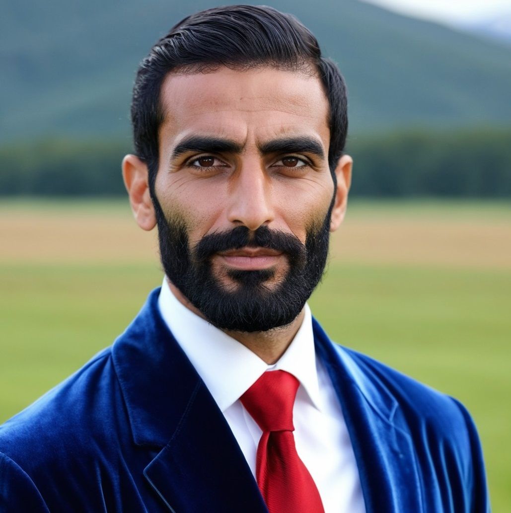 Gentleman with   black  beard   wearing  a   blue   velvet  ...