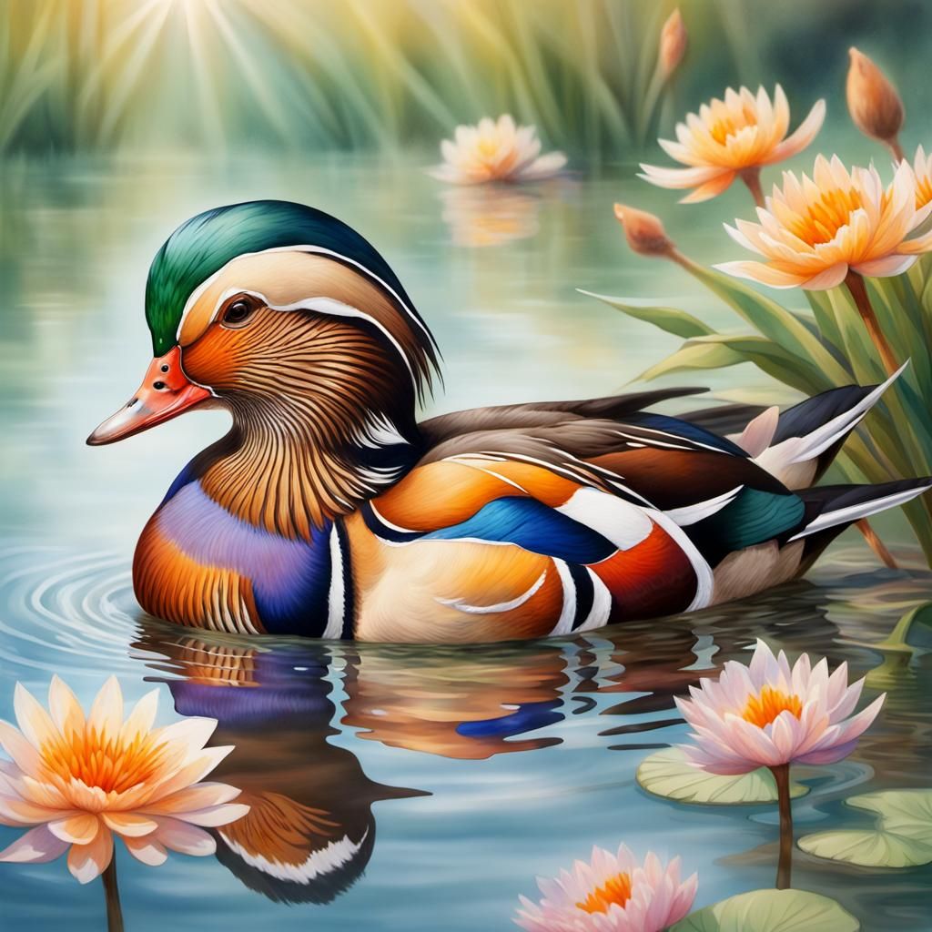 mandarin duck in the peace of its lake