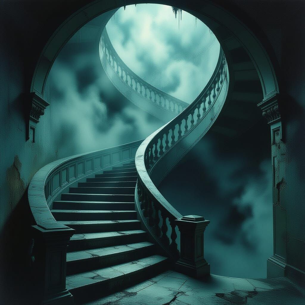 A surreal, endless staircase twisting through a dreamlike void, each step worn and ancient, vanishing into shadows and mist. The stairs spir...