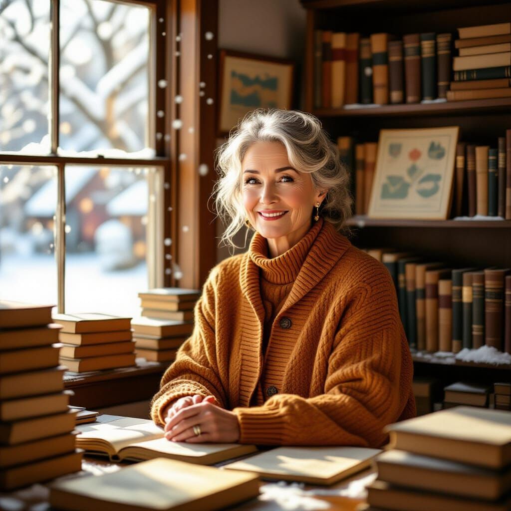 A wise teacher woman of middle age in a cozy, snow-dusted classroom, surrounded by stacks of books and vintage educational charts. Sunlight ...