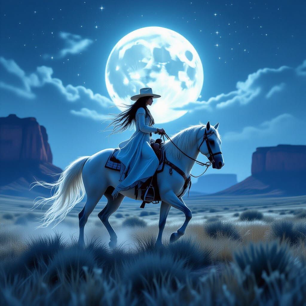 An ethereal cowgirl, her spectral form trailing wisps of moonlight, rides a magnificent phantom horse across a moonlit prairie. Ancient Nati...