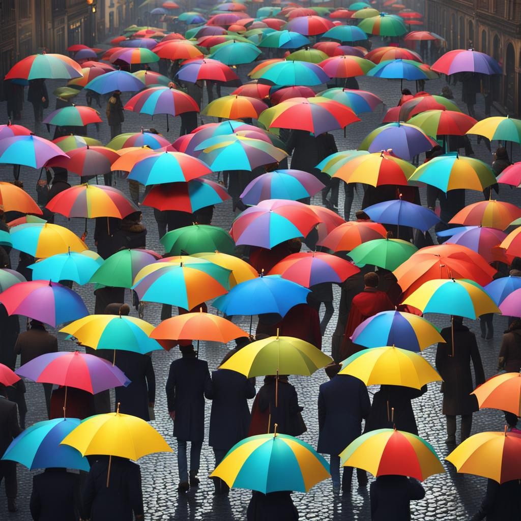 Lots of people with colorful umbrellas walking on cobbleston...