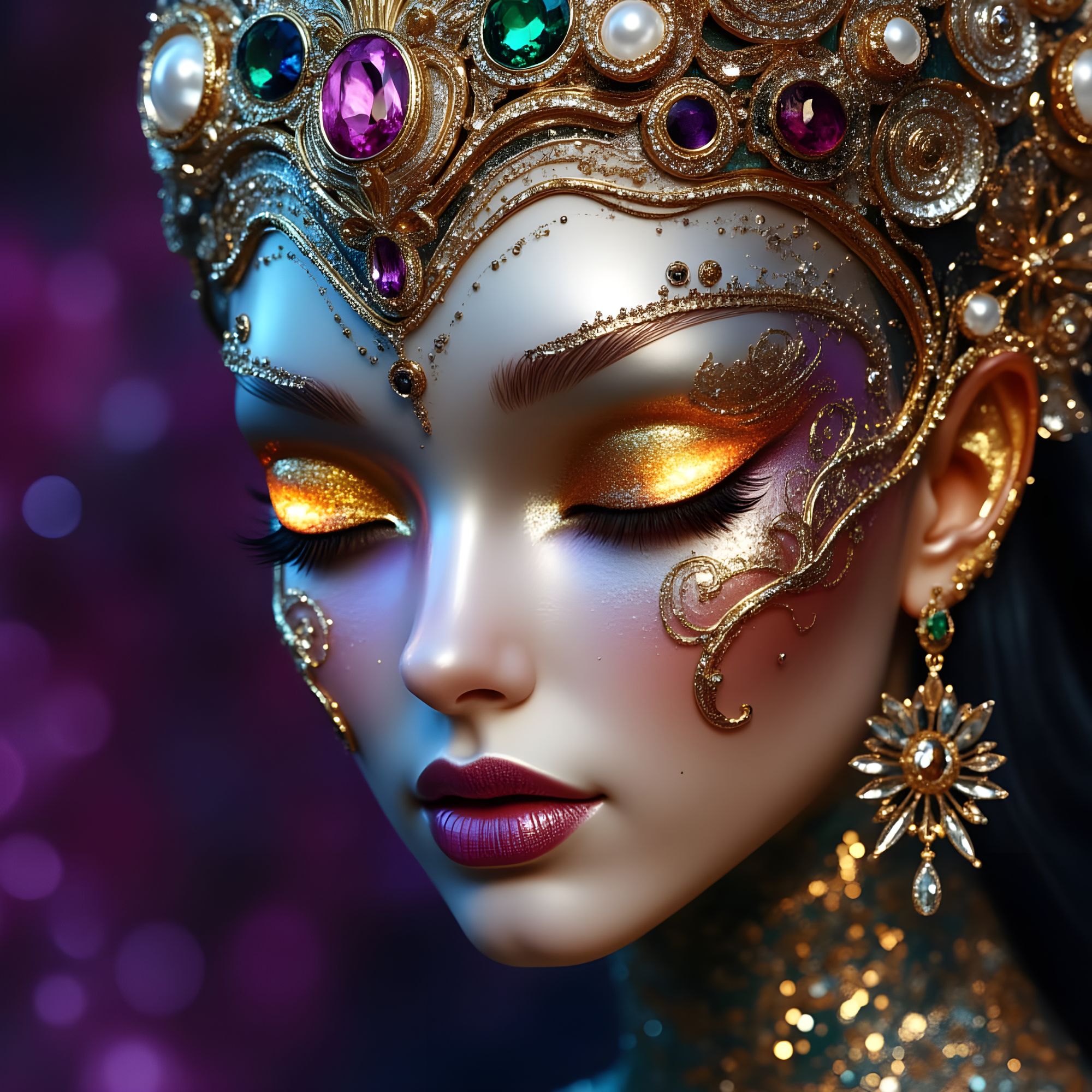 A whimsical beautiful Native American woman adorned with celestial patterns, gazing into a swirling nebula. The scene is rendered in a vibra...