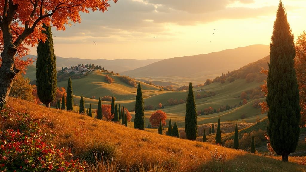 Una veduta di una collina del Chianti in autunno con foglie ...